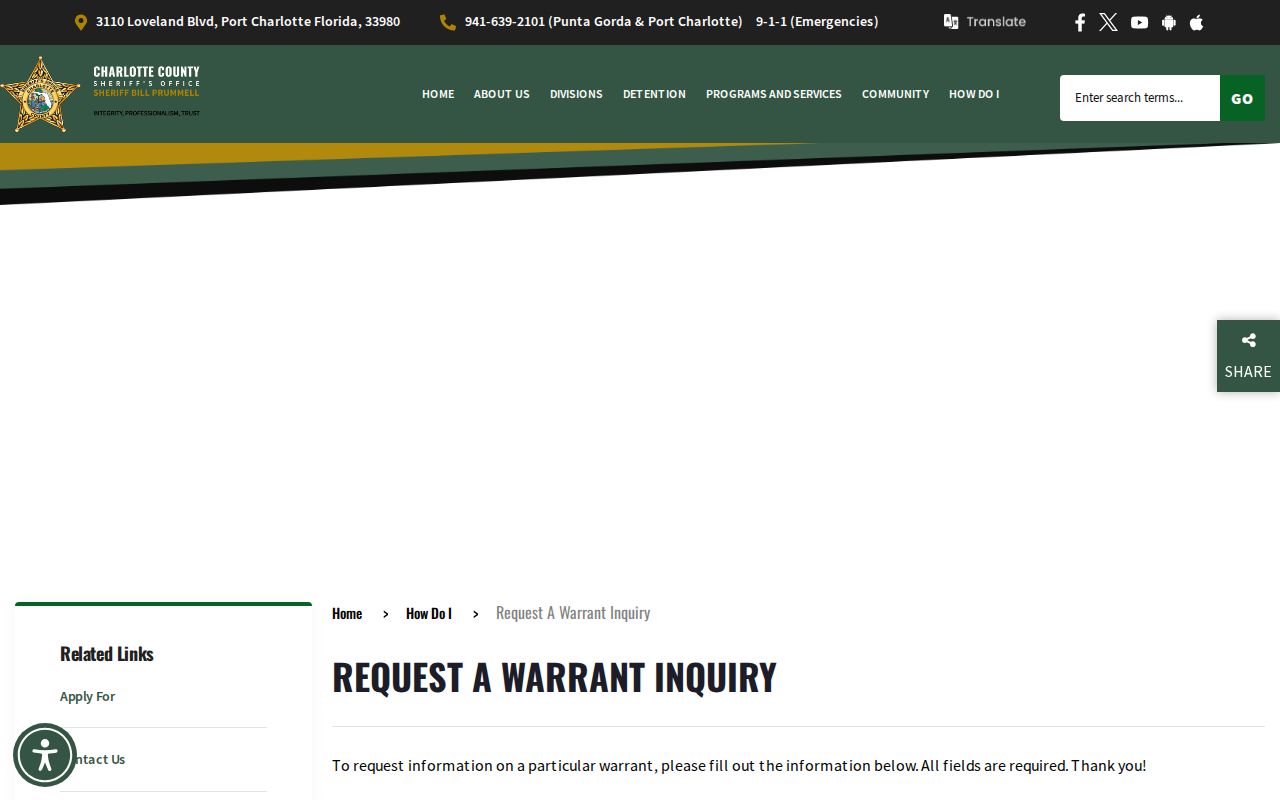 Charlotte County Sheriff's Office warrant inquiry record page